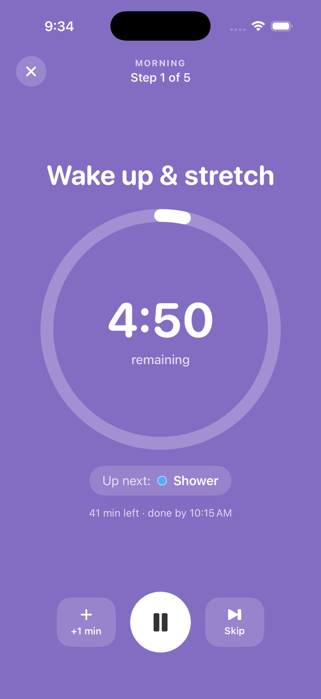 Cuebird running a Morning routine — the whole screen is the step's color with a large countdown